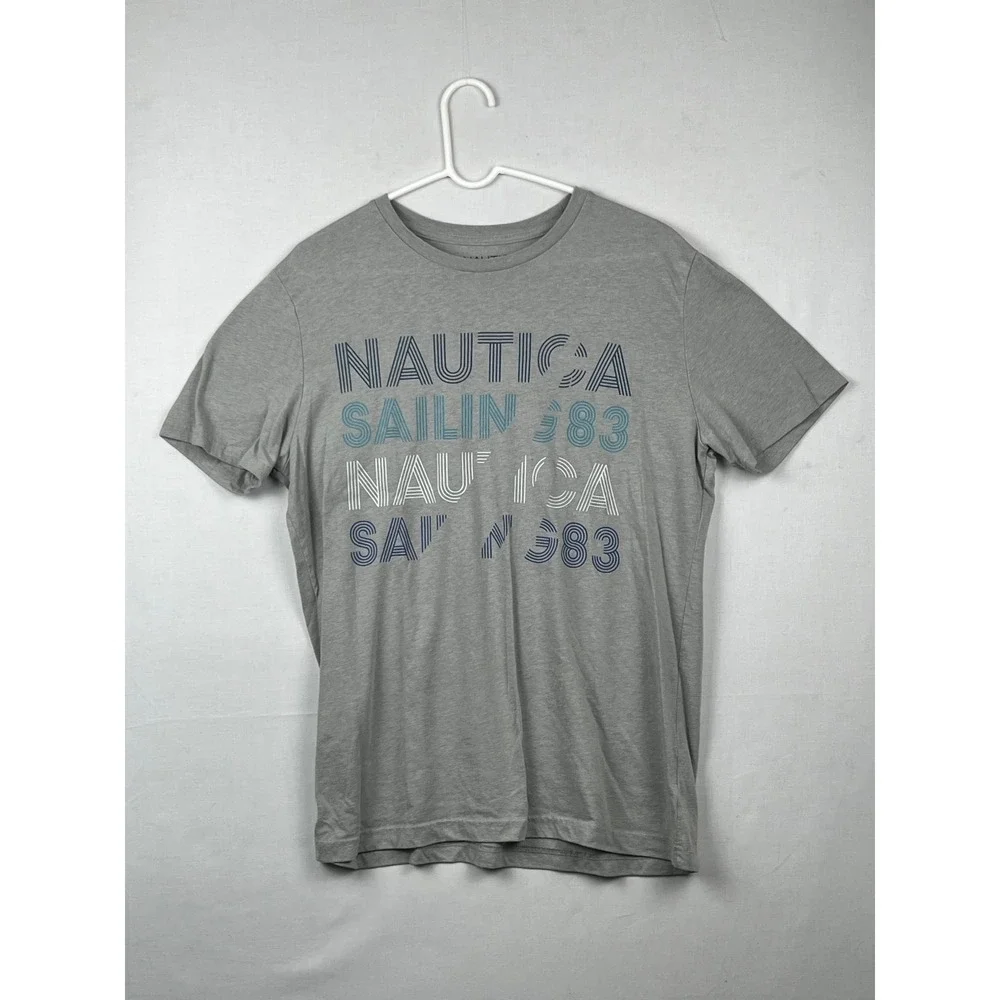 Nautica Graphic T-Shirt Mens Medium Sailing 83 Crew Neck Gray Short Sleeve